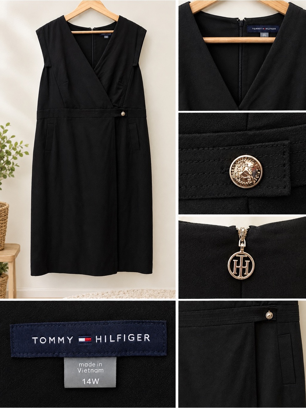 Tommy Hilfiger Black Sleeveless Wrap-Front Sheath Dress with Gold Accents